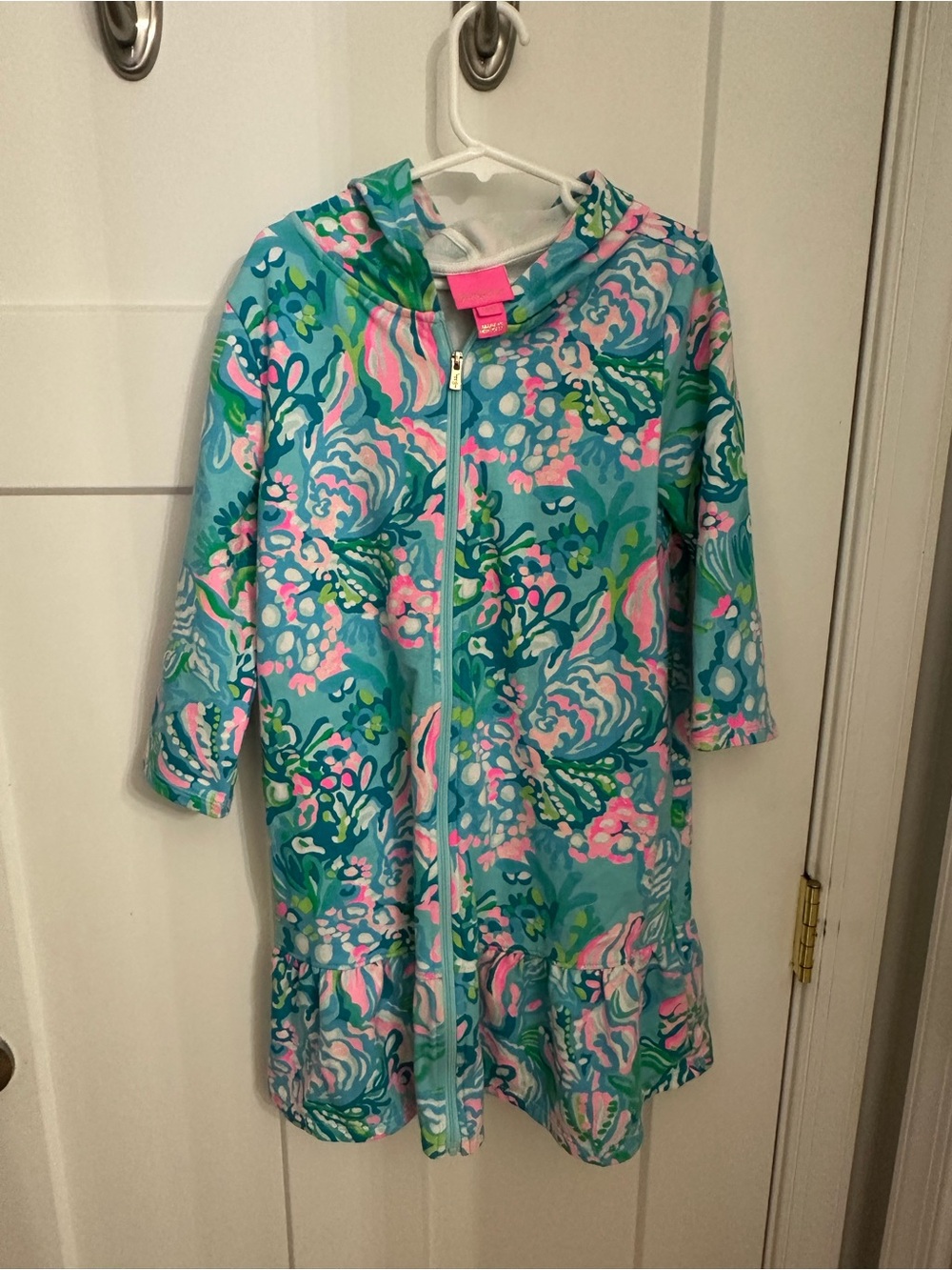 Lilly Pulitzer Turquoise Zip Hoodie with Pink & Green Floral Pattern